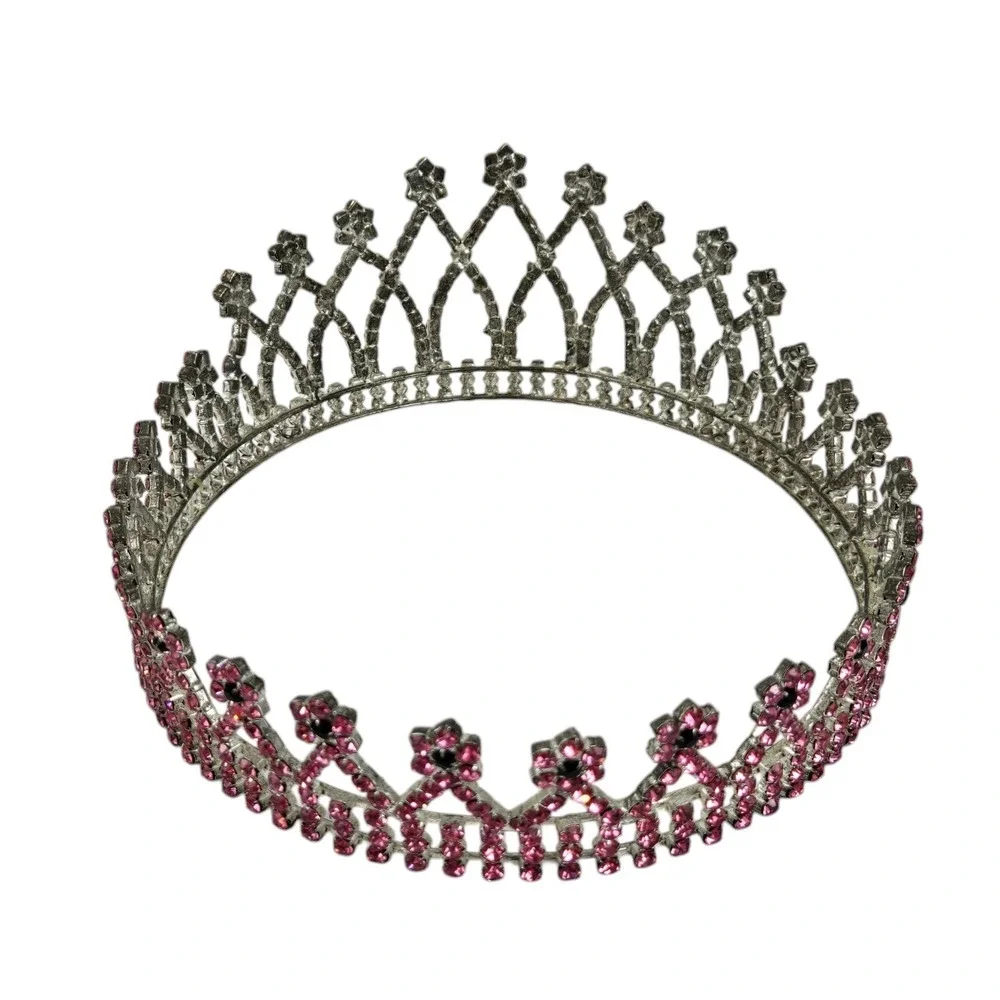 VTG Pink Black Rhinestone Crown Bridal Pageant Princess Cosplay 4 Prong Holders